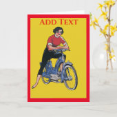 電動自転車に乗るヴィンテージの女性, 編集可能なテキストカード カード (黄色い花)
