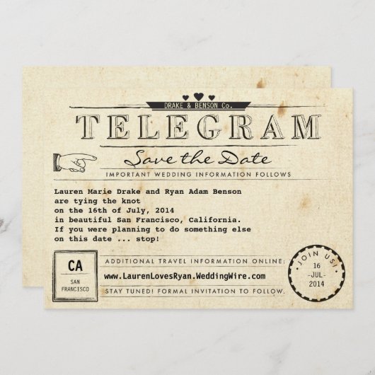 電報のヴィンテージ旅行ハートは日付を救います セーブザデート (正面/裏面)