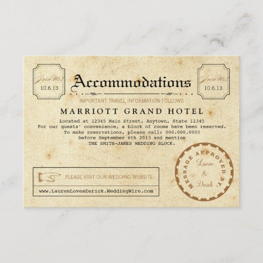 電報の宿泊施設旅行挿入物カード エンクロージャーカード (正面)