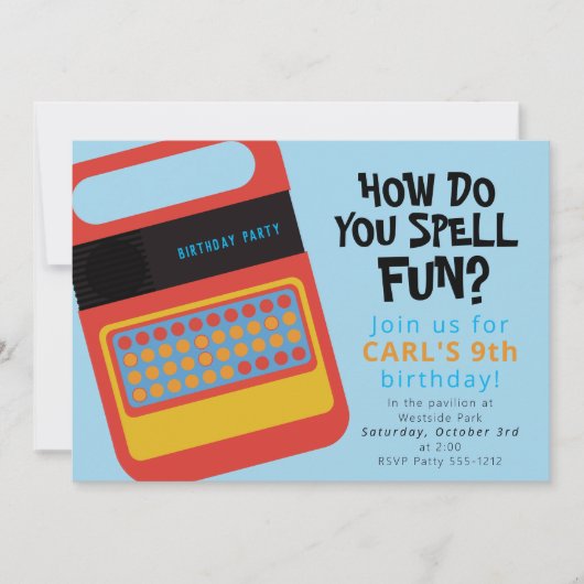 電子スピーカーとつづりおもちゃパーティーデザイン 招待状 (正面)