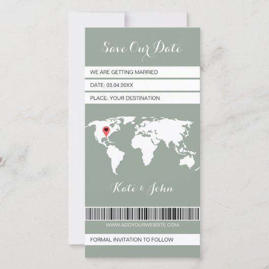 電子ボーディングパス宛先セージグリーン セーブザデート (正面)