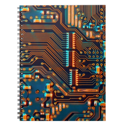 電子回路基板クローズアップ。背景、ボーア ノートブック (正面)