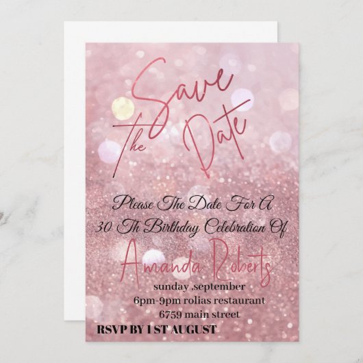 電子Save the Date, ローズゴールドグリッター デジタル 招待状 (正面/裏面)