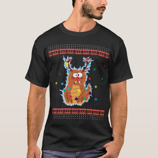 電撃おもしろい猫の醜いクリスマスライト汗 Tシャツ (正面)