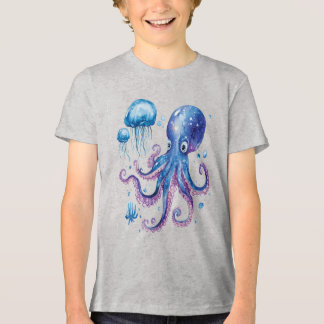 電気の深海タコと輝くクラゲ トライブレンドＴシャツ