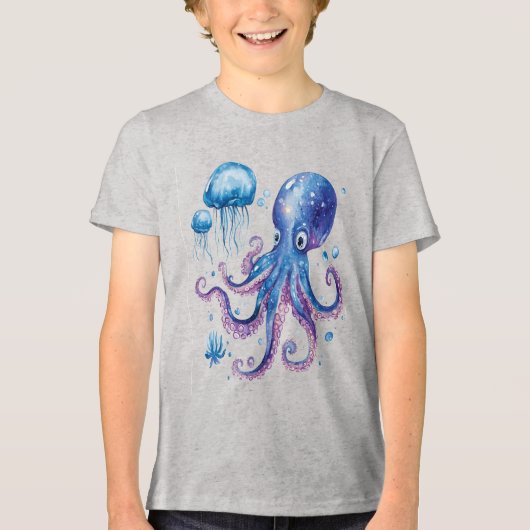 電気の深海タコと輝くクラゲ トライブレンドＴシャツ (正面)