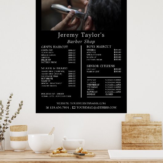 電気ひげそり、男性の理容師価格表 ポスター (キッチン)