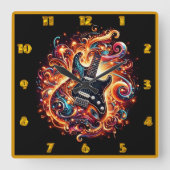 電気ギターが炎のように発火する スクエア壁時計 (正面)