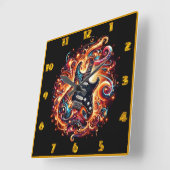 電気ギターが炎のように発火する スクエア壁時計 (傾斜)