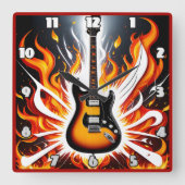 電気ギターが炎のように発火する スクエア壁時計 (正面)