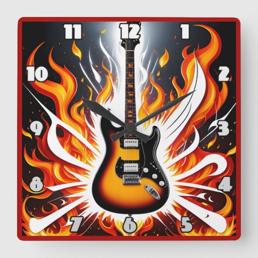 電気ギターが炎のように発火する スクエア壁時計 (正面)