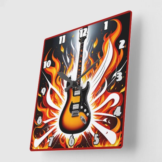 電気ギターが炎のように発火する スクエア壁時計 (傾斜)