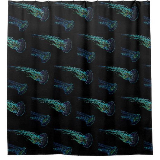 電気クラゲ黒とティール（緑がかった色）青グリーン。 シャワーカーテン (正面)