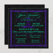 電気ティール(緑がかった色)&パープルグリーンポスタースタイル結婚ズ 招待状 (正面/裏面)