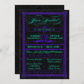 電気ティール(緑がかった色)&パープルポスター結婚式招待状 招待状 (正面/裏面)