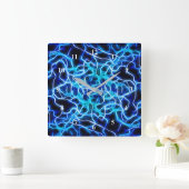 電気ネオンブルーテスラコイル稲妻 スクエア壁時計 (ホーム)