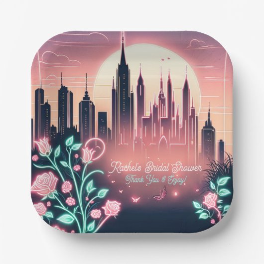 電気バラ未来的ネオンブライダルシャワー ペーパープレート (正面)