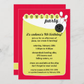 電気ピンクのレトロのボーリング場のボーリングの誕生日 招待状 (正面/裏面)