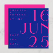 電気ブルーホットピンクトレンディーモダン日付の保存 招待状 (正面/裏面)