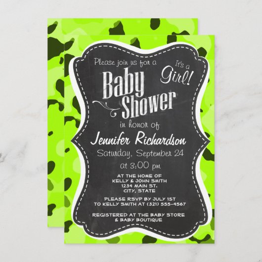 電気ライム迷彩柄;カモフラージュ;チョークルック 招待状 (正面/裏面)