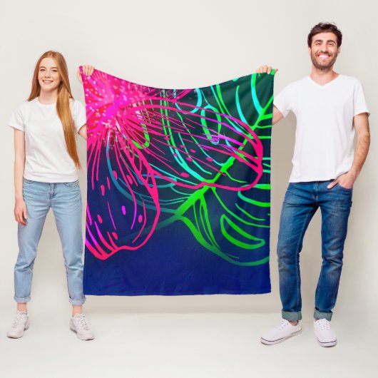 電気ルアウ(ハワイ式宴会)トロピカルナイトネオンアロハ フリースブランケット (インサイチュ)