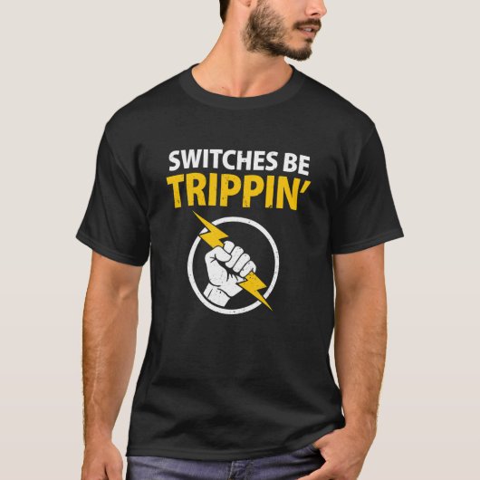 電気工おもしろい式スイッチはトリピン電気E Tシャツ (正面)