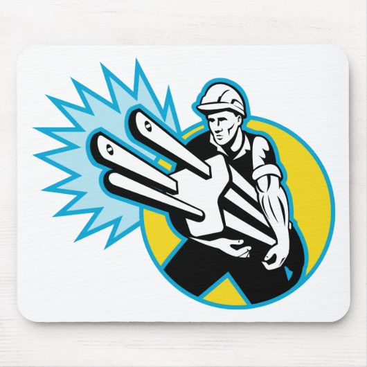 電気技師かプラグを運んでいる力の架線工夫 マウスパッド (正面)