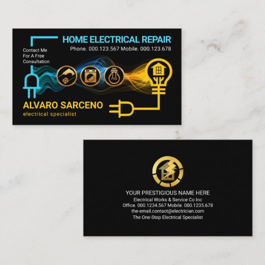 電気技師が電気回路のホームバルブの電源を入れる 名刺 (正面/裏面)