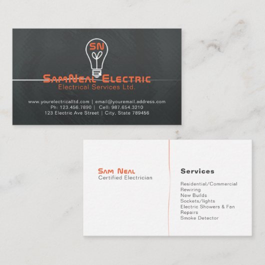 電気技師の電球のロゴのデザイン 名刺 (正面/裏面)