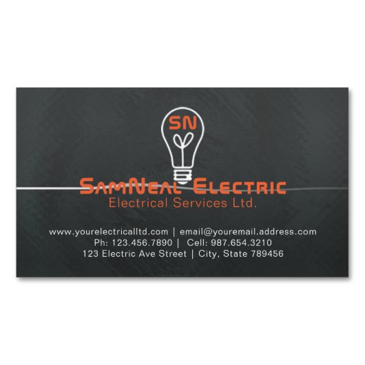 電気技師の電球のロゴの磁石の名刺 マグネット名刺 (正面)