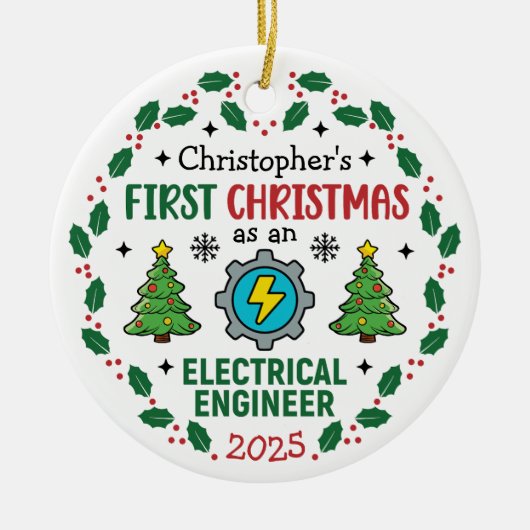 電気技師初めてのクリスマスカスタム セラミックオーナメント (正面)