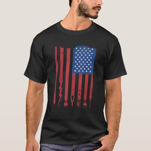 電気技師USフラッグ電気技師ツールLineman Ele Tシャツ (正面)