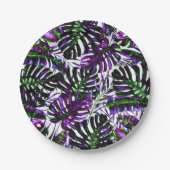 電気色ポップ・アートの熱帯パーム葉結婚ズ ペーパープレート (正面)