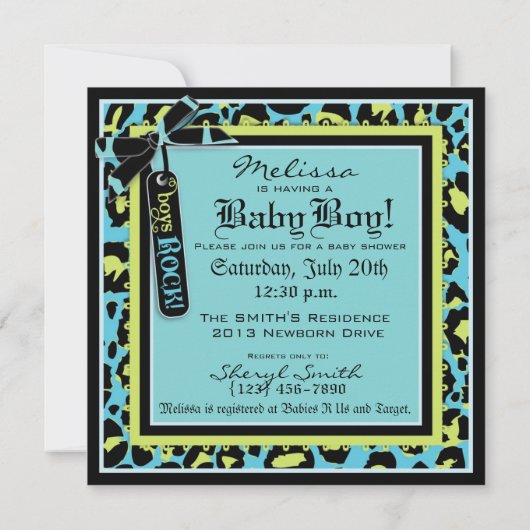 電気青のロックスターのジャンパー及びタイのベビーシャワー 招待状 (裏面)