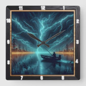 電気魚釣り スクエア壁時計 (正面)