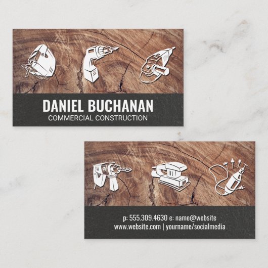 電源ツール | 木目とテクスチャ付き壁 名刺 (正面/裏面)