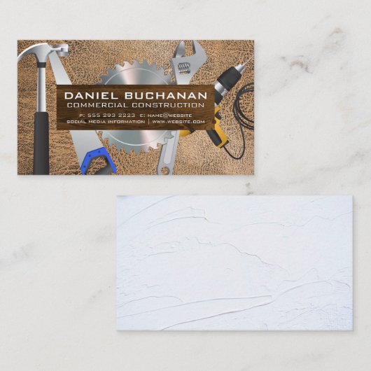 電源ツール | 木質ボード | ブラウン擦り切れたレザー 名刺 (正面/裏面)