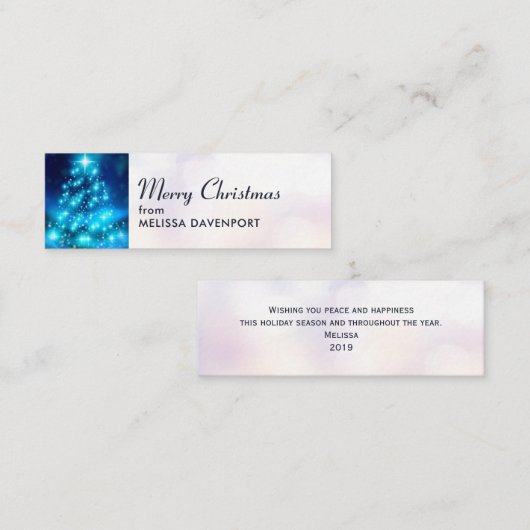 電灯モダン付き青いクリスマスツリー スキニー名刺 (正面/裏面)