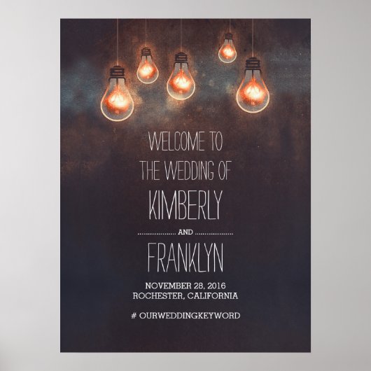 電球ストリングス結婚トのウェルカムサイン ポスター (正面)