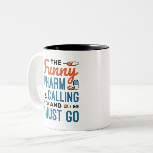 電話おもしろいがかかってきたから行かねばならない ツートーンマグカップ (正面左)