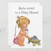 電話でおしゃべりするかわいい女の子 招待状 (正面/裏面)