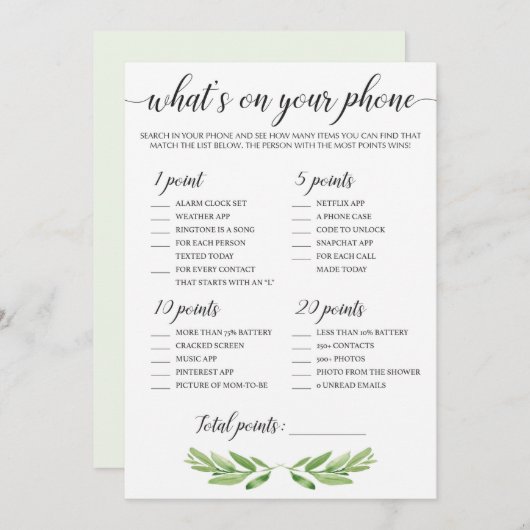 電話に何がベビーシャワーゲームグリーン葉 (正面/裏面)