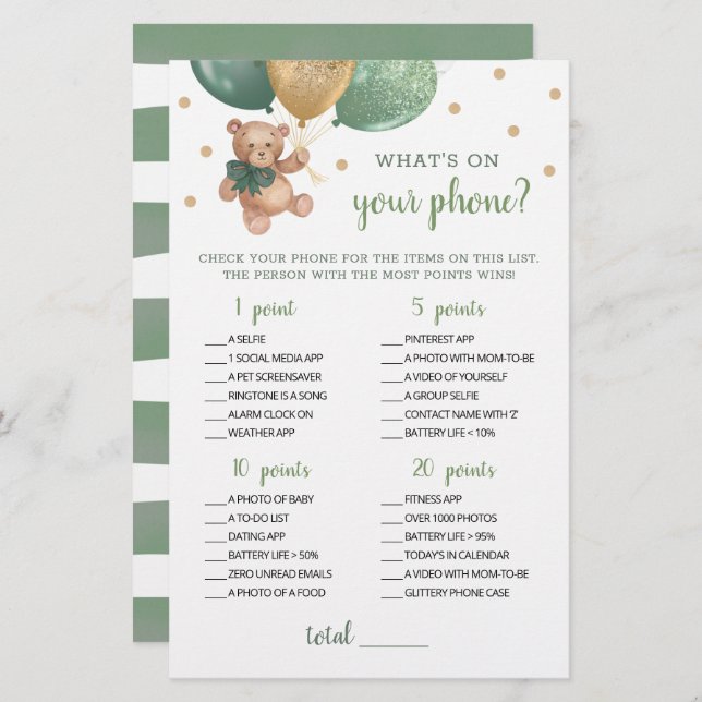 電話のベビーシャワーゲームテディベア (正面/裏面)
