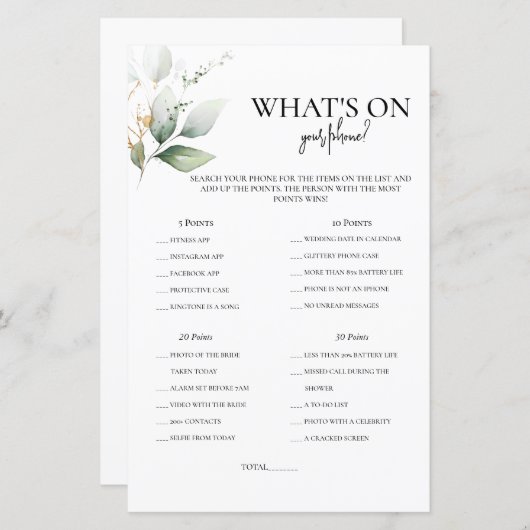 電話の緑のブライダルシャワーゲーム (正面/裏面)