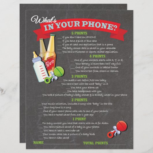 電話の赤ちゃんシャワーゲームの内容 (正面/裏面)