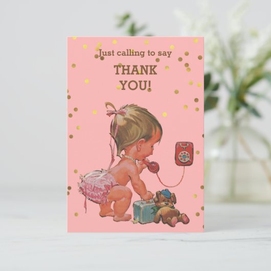 電話の金ゴールドの紙吹雪のヴィンテージのベビーは感謝していしています サンキューカード (スタンド正面)