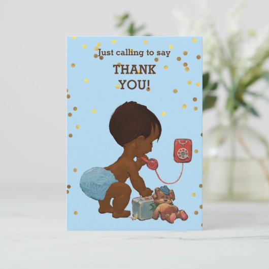 電話の金ゴールドの紙吹雪の民族の男の赤ちゃんは感謝していしています サンキューカード (スタンド正面)