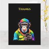 電話カラフル付きチンパンジーおもしろい- カード (黄色い花)