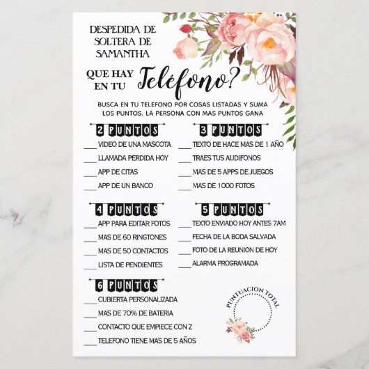 電話シャワー英語ゲームのスペインの内容 (裏面)