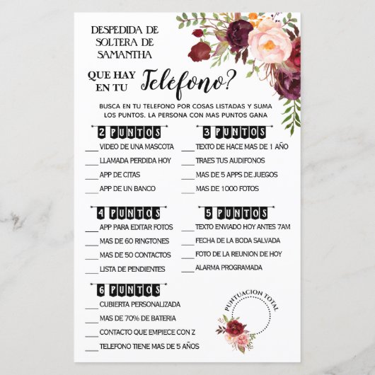 電話シャワー英語ゲームのスペインの内容 (裏面)